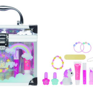 Unicorn meigikomplekt 17,5×12,5x16cm: 2 veebaasil küünelakki 6ml, küüneviil, 2 juuksekummi, varvaste eraldamise abivahend lakkimiseks, 4 südamekujulist 2 tooniga lauvärvi 0,5gr, 2 huuleläiget, pliiats 0,5gr, huulepulk 1,2gr, huuleläige 1,7gr, huuleläige 7gr, huulepalsam, käevõru, lillekujuline peegel, 2 südamekujulist sõrmust, 4 lillekujulist juukseklambrit 81.382.00