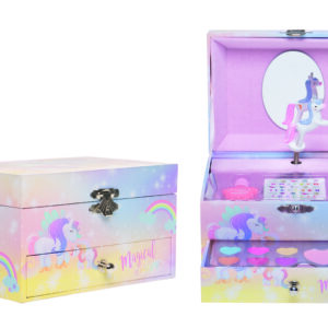 Unicorn muusikaga kosmeetikakohver: 3 lauvärvi, 3 huuleläiget, põsepuna, kahepoolne aplikator, huulepintsel, 2 x 6 ml vee baasil küünelakk, küünekleepsud 81.438.00